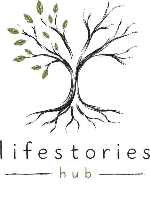 lifestories hub — an ink-drawn tree with green leaves and roots
