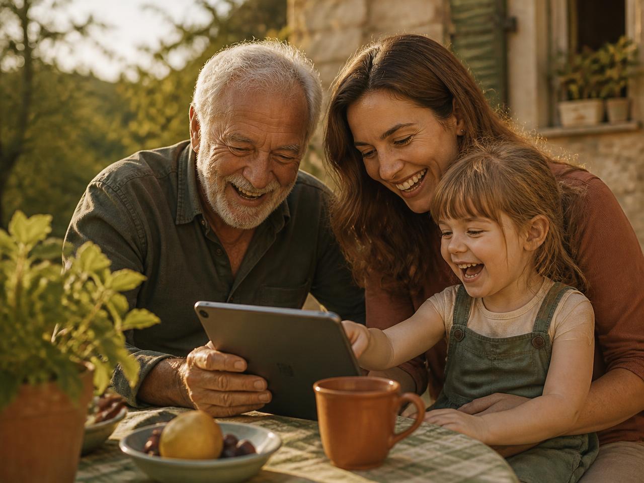 A grandfather, his daughter and his granddaughter laughing together over a tablet in the garden