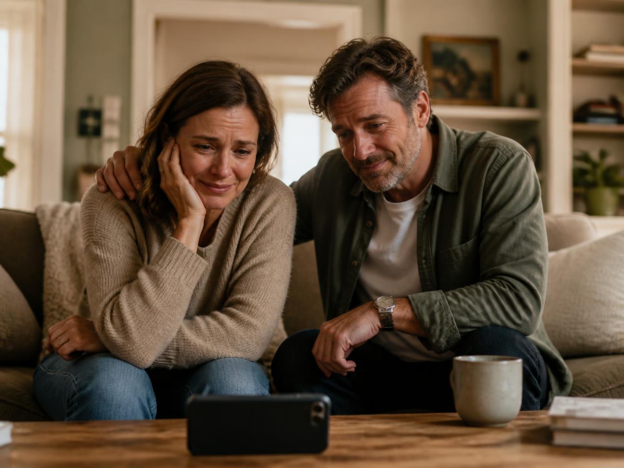 Two adult children sitting together on a sofa, listening to their parent's story played from a phone