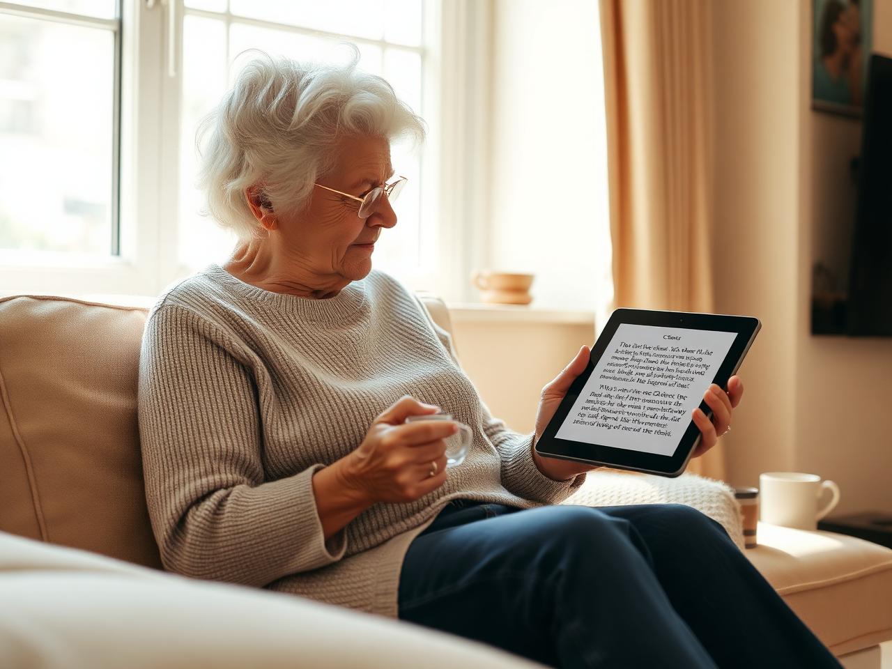 An older woman reading her finished life story chapter on a tablet beside a cup of tea