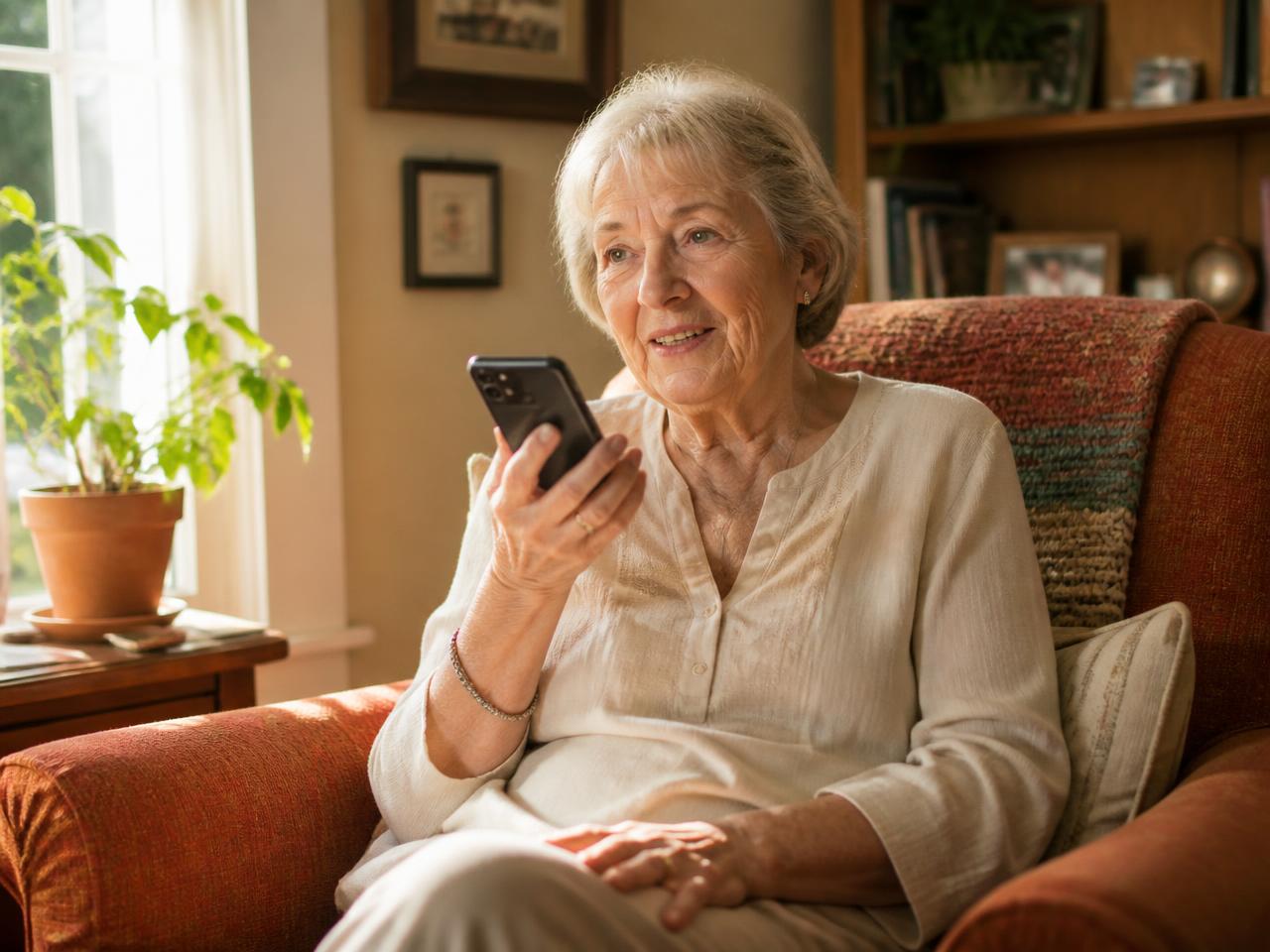 An older woman sitting in a sunlit armchair, speaking her life story into her phone
